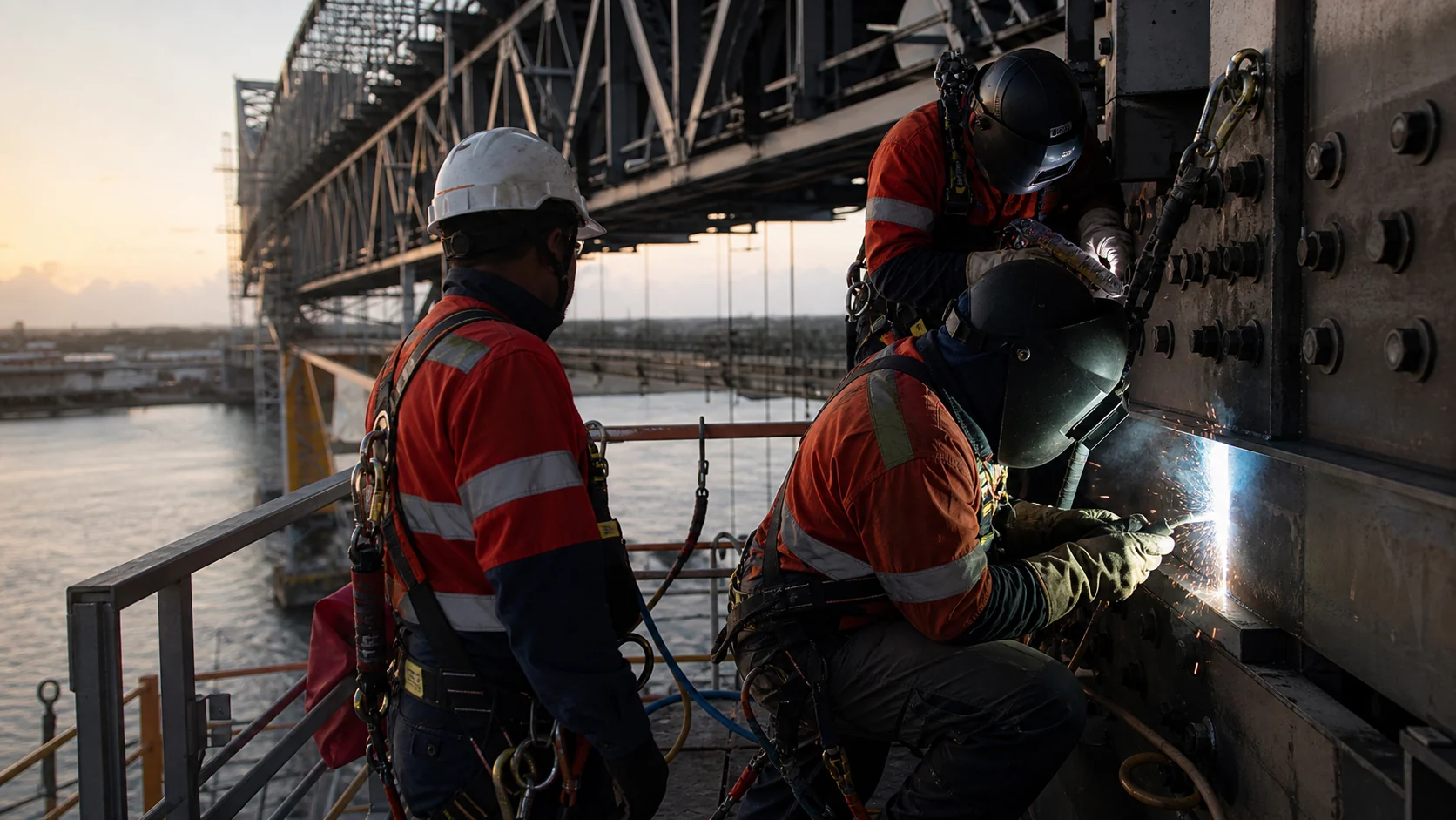 Industrial welding crew executing structural steel maintenance